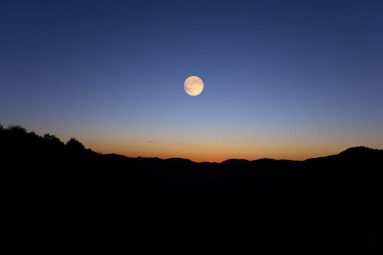 Full Moon on a twilight sky with countryside silhouettes.