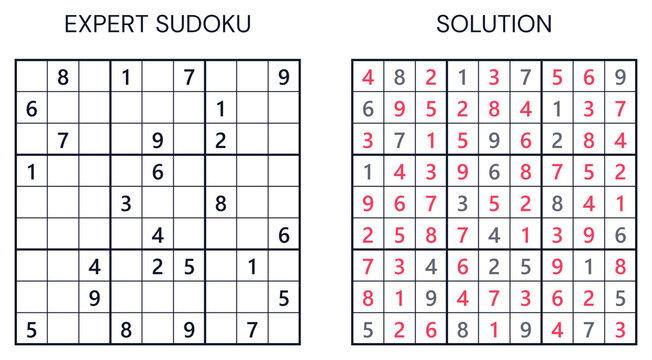 Expert Classic Sudoku Puzzle Grid with Complete Solution for Brain Teaser Logic Games, Mental Workout Challenges, Problem Solving Websites, and Cognitive Skill Development
