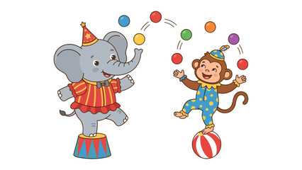Circus Performers: A cheerful elephant in a festive hat and striped tunic stands on a stool, juggling colorful balls, while a playful monkey in a star-patterned outfit balances on a striped ball. © Saifa