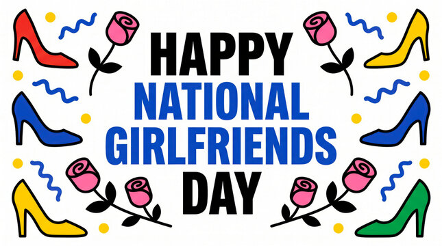 Happy national girlfriends day colorful illustration with shoes and roses
