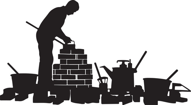 Silhouette of a bricklayer building a wall with tools