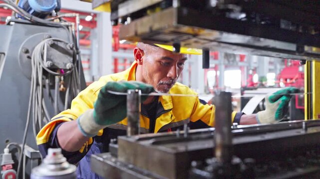 Dedicated factory employee skillfully managing machinery in a safe industrial environment with proper protective equipment
