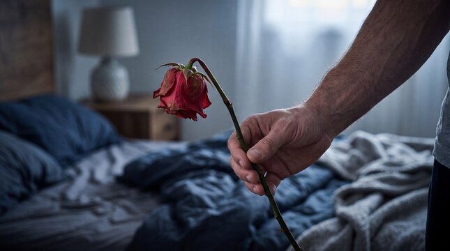 Man hand holding a wilted rose in dim bedroom symbolizing broken desire masculinity and emotional struggle