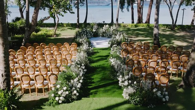 High angle view of a lush green tropical garden arranged for a wedding ceremony, featuring rows of chairs, floral arches, and tall palm trees under bright sunlight.