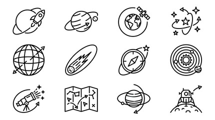 Sleek Black and White Space Exploration and Astronomy Icon Set Featuring Rockets Planets Telescopes and Moon Landings © Homsul