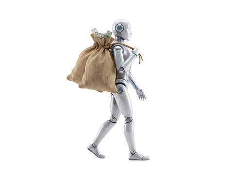 Futuristic white android robot walking forward while carrying a large heavy burlap sack filled with stacks of green cash money over its shoulder on a clean white isolated background studio