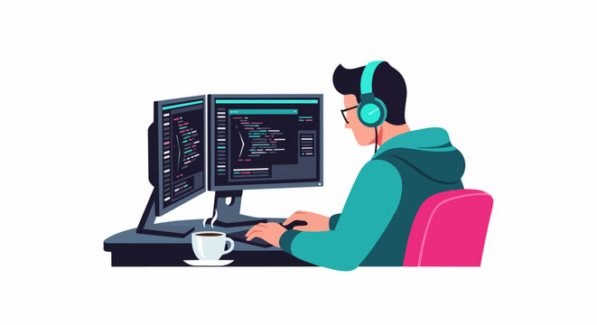 Software Developer Coding on Dual Monitors with Headphones and Coffee Vector Illustration