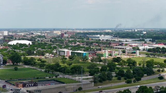 Aerial footage of apartments, homes and office buildings in Detroit Michigan USA