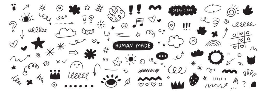 Hand drawn doodle elements set. Sketch arrows, highlights and organic shape collection. For notes, planners, presentations and creative design projects.
