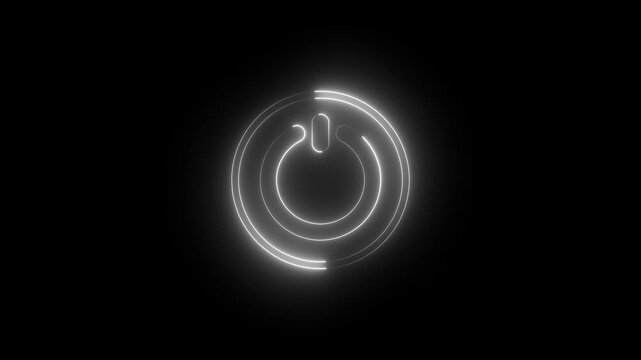 A neon blue power button symbol glowing against a dark black background in simple graphic style. Neon power button icon.