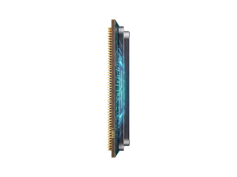 Detailed side view of a modern computer processor unit featuring intricate golden pins and glowing blue electronic circuitry isolated on a clean white background for high performance computing hardwar