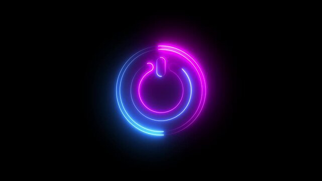A neon blue power button symbol glowing against a dark black background in simple graphic style. Neon power button icon.