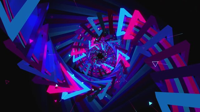 Seamless VJ digital vortex made of twisting triangle frames, spiral orbital paths and lattice arrays, for electronic music festivals, high-tech club visuals, stage screens and LED video walls