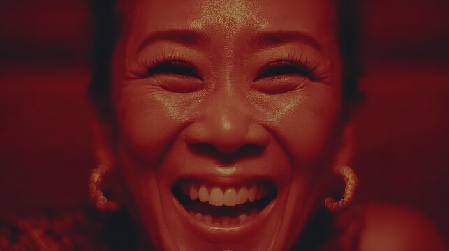 Crimson Joy: A woman's face illuminated by a warm, red glow, her eyes crinkled in a joyful, unrestrained laugh. Golden earrings adorn her lobes, accentuating the vibrant and expressive moment.