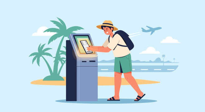 Man using self-service kiosk at tropical airport with airplane and palm trees