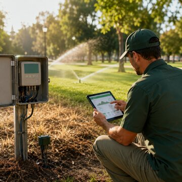 Technician using tablet to monitor park irrigation system