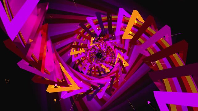 Seamless VJ digital vortex made of twisting triangle frames, spiral orbital paths and lattice arrays, for electronic music festivals, high-tech club visuals, stage screens and LED video walls