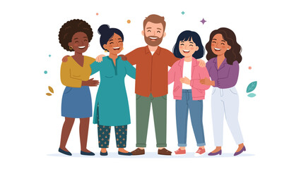 Fototapeta premium Diverse Friends Embracing: A heartwarming illustration depicts a group of diverse friends, arms around each other, sharing laughter and connection in a joyful embrace, celebrating unity and belonging.