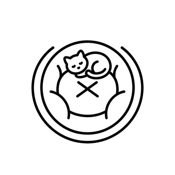 Minimalist Line Art Icon Featuring a Cozy Sleeping Cat Resting Comfortably Within a Circular Pet Bed Design