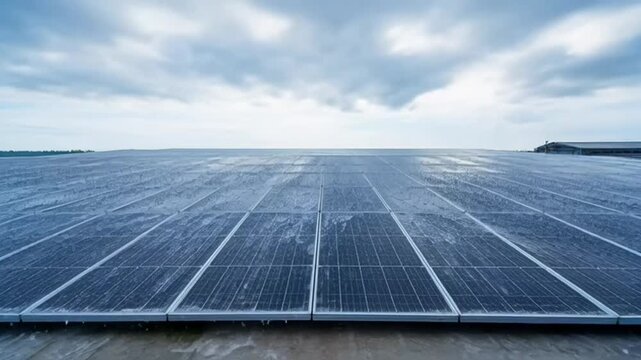 Solar panel array transition from cloudy sky to bright sunny day generating clean renewable energy.