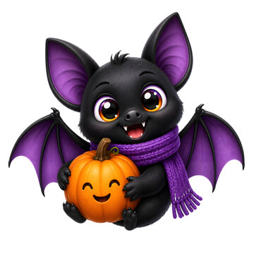 Cute Halloween Bat PNG with cute black bats, purple wings, candy, pumpkins, lanterns, moon elements, and spooky seasonal accessories.