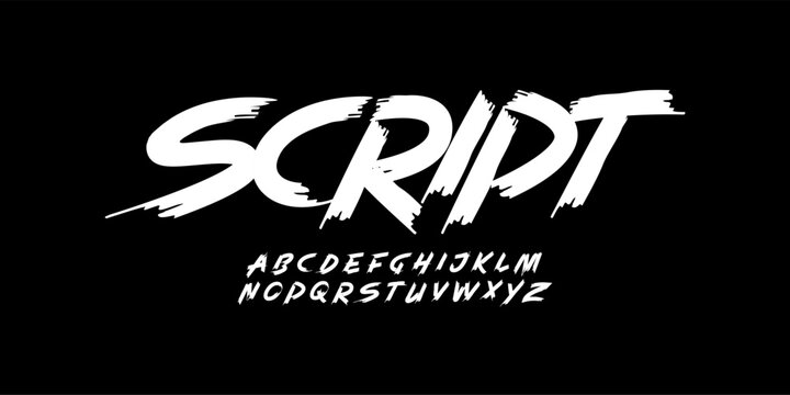 Script art font wild alphabet dynamic handwritten font for modern bold braush roll logo, spirited expressive headline, youth urban typography vibe. Rebellious art typographic design. Vector typeset