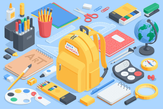 Isometric vector set of school stationery and things necessary for studying as a concept illustration, in color on a white background, back to school and education