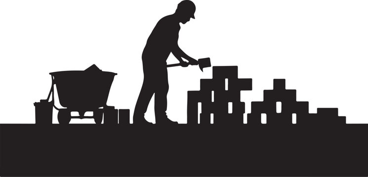 Silhouette of a man building with blocks, wheelbarrow