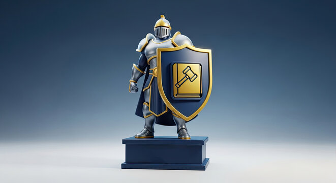 A knight in armor standing in front of a shield with a hammer icon on it.