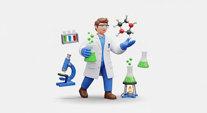 A scientist in a lab coat and gloves, surrounded by scientific equipment and a molecule model, in a laboratory setting.