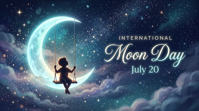 Whimsical silhouette of child on crescent moon swing under starry night sky celebrating International Moon Day July 20