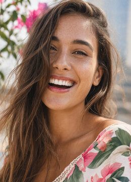 Young woman smiling brightly while looking at camera, conveying happiness and warmth in an outdoor setting. Natural light and casual summer style create a fresh, friendly mood.