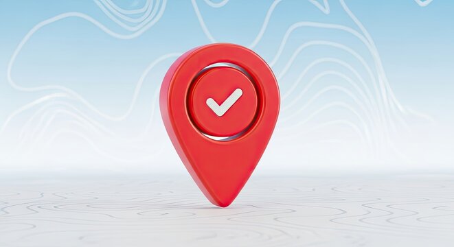 A red map pin with a white checkmark on a blue and white background.