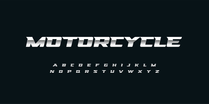 Motorcycle chrome vector font. Metallic modern letters, polished steel style symbols. Aluminium bold geometric alphabet