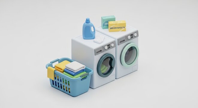 Two washing machines with laundry items on top.
