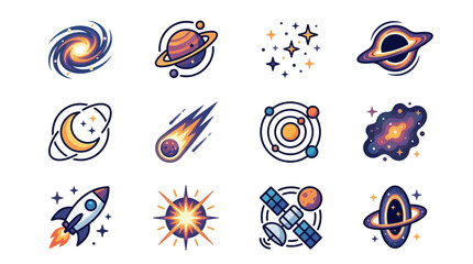 Elegant Space Themed Icons Set Vibrant Planets Rockets Stars and Celestial Bodies in a Stylish Color Palette © Jahit