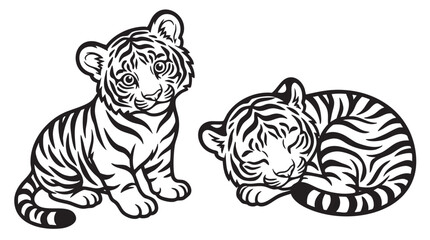 Obraz premium Tiger cubs, black and white illustration, striped animals, cute wildlife