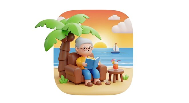 An elderly woman reading a book on a beach chair under a palm tree.