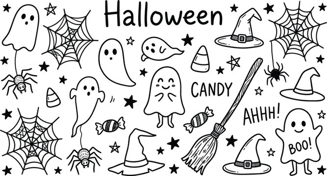 Spooky Halloween doodle elements collection featuring cute ghosts spider webs witch hats candy corn sweets and broomstick vector illustrations.