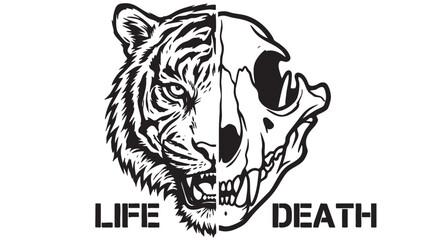 Fototapeta premium Tiger head, skull, life and death concept, black and white vector, illustration