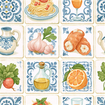 Watercolor Mediterranean food seamless pattern with Italian cuisine, ceramic tile ornament, pasta, basil, tomato, garlic, salami, figs, artichoke, olive oil and rustic culinary illustration