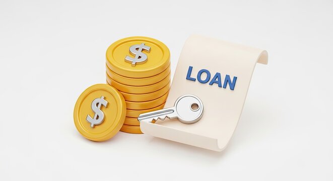 A stack of gold coins with the word 'LOAN' on a white paper with a key on it.