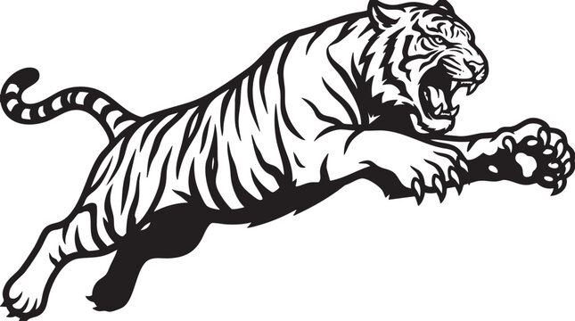 Black and white tiger, dynamic animal illustration, fierce beast, vector graphic