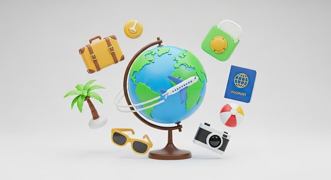 A globe with a suitcase, passport, camera, and beach ball floating around it.