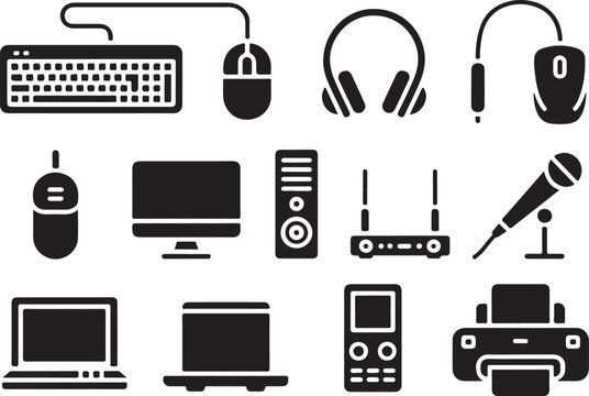 Collection of common black computer accessories and electronic gadgets, technology devices icon set for web and print.