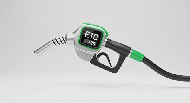 A green and black gas pump nozzle with a digital display showing 'E10' and '1.79' on a white background.