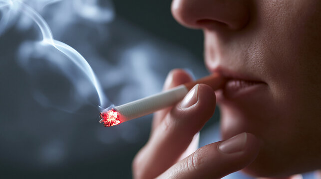 Close up side profile of a person smoking cigarette with visible smoke against  background, nicotine addiction concept, tobacco dependence, unhealthy lifestyle, serious health risks and copy spac
