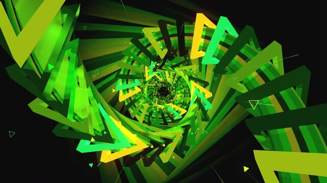 Seamless VJ digital vortex made of twisting triangle frames, spiral orbital paths and lattice arrays, for electronic music festivals, high-tech club visuals, stage screens and LED video walls