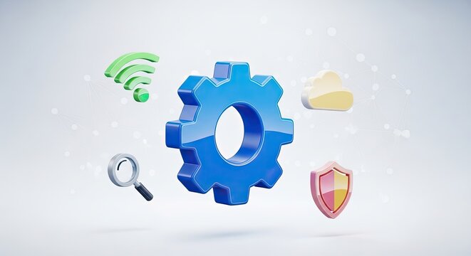 A blue gear icon with a green and yellow cloud icon and a magnifying glass icon on a white background.