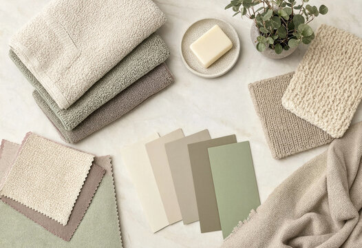 Neutral textile swatches and folded towels arranged with paint chips and soap, suggesting home decor coordination and fabric selection. Calm muted tones for interior design use.